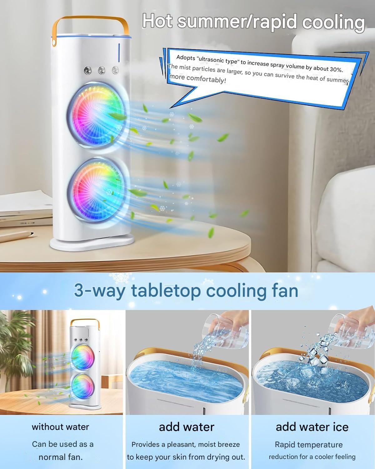 Portable Mini AC USB charging with 7 color LED lights with 3 wind speed Double fan