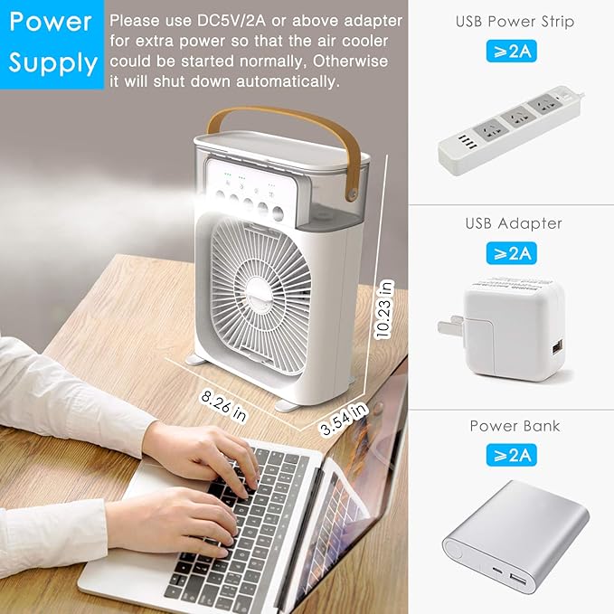 Portable Mini AC USB charging with 7 colour LED lights with 3 wind speed "Single fan" White